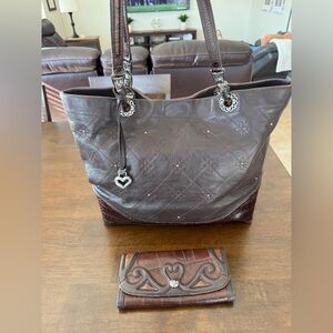 Brighton Brown Leather Tote + Matching Wallet Croc Trim Heart Charm